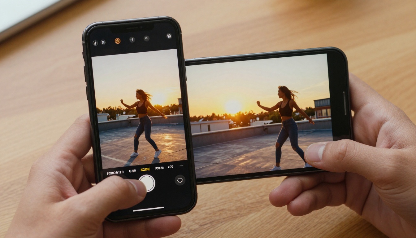 A smartphone displaying a split-screen video interface with two synchronized panels playing simultaneously, warm golden hour light, photorealistic 8K