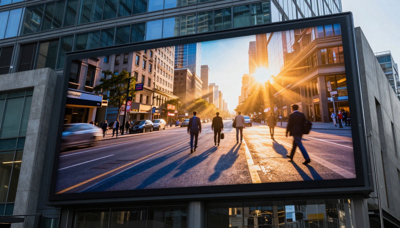 A large billboard displaying a split-screen video advertisement at golden hour, dramatic volumetric light, photorealistic 8K