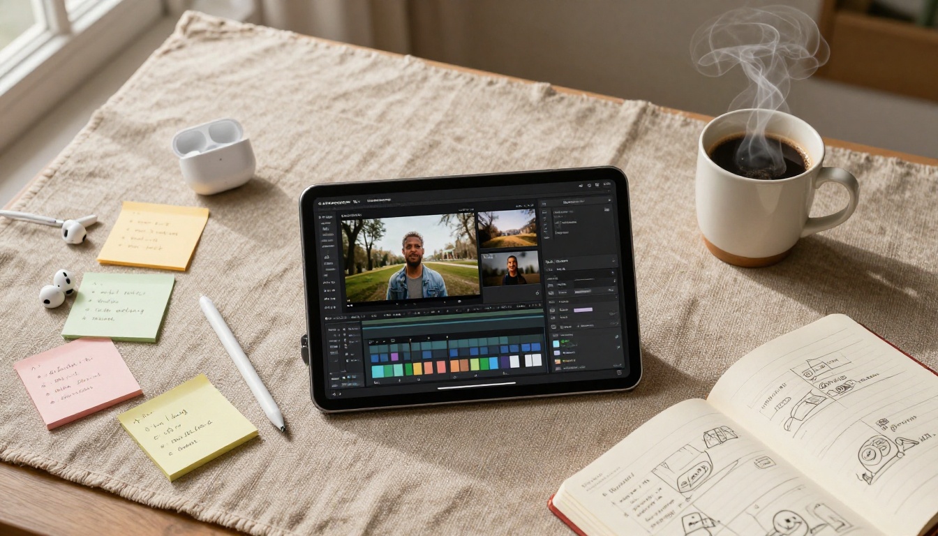 A flat lay of a creative workspace with tablet showing split-screen video editing, coffee, sticky notes, and a notebook, photorealistic 8K