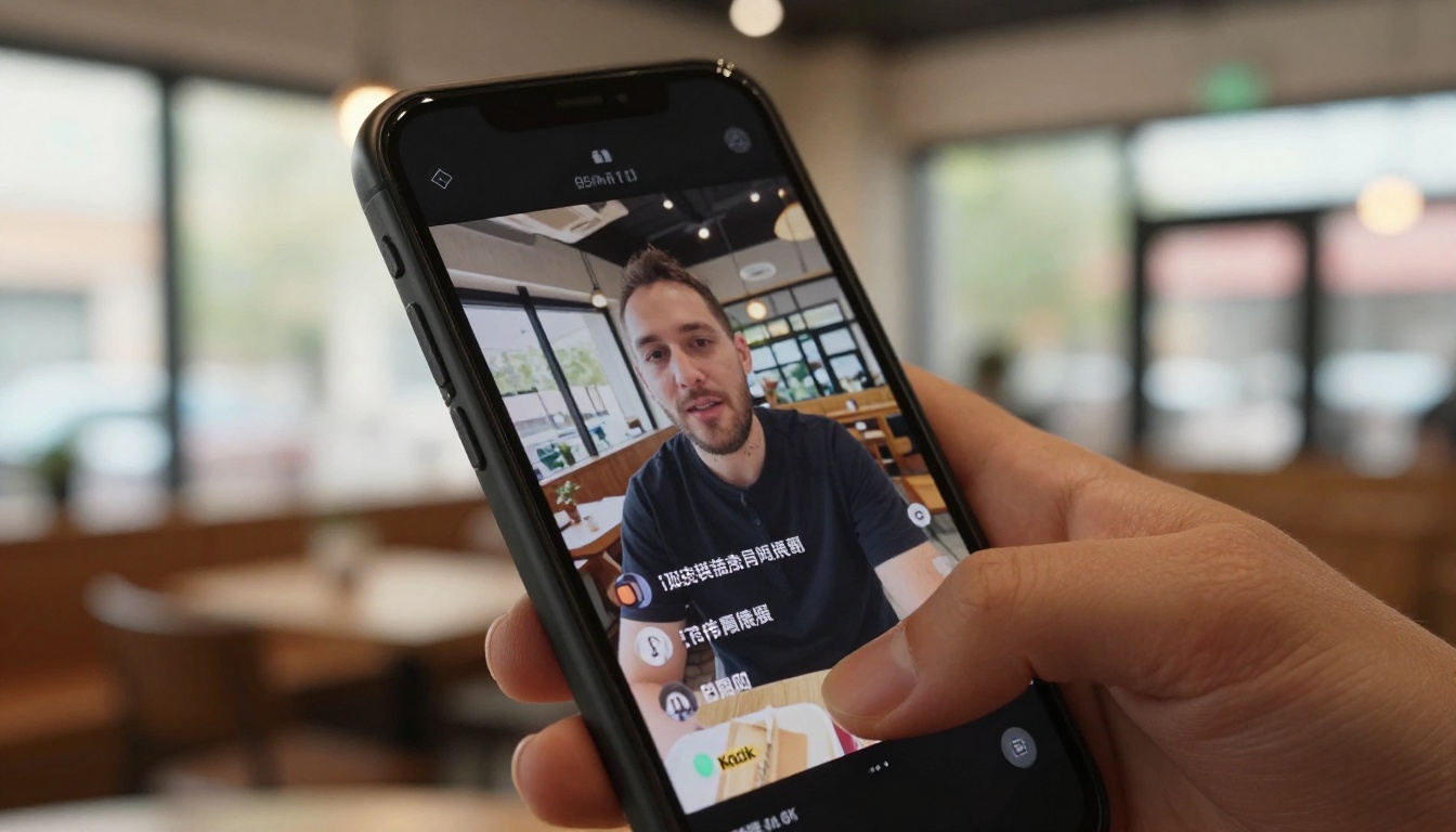 Smartphone screen held in hand showing AI-generated captions over a vlog video Smartphone screen held in hand showing AI-generated captions over a vlog video