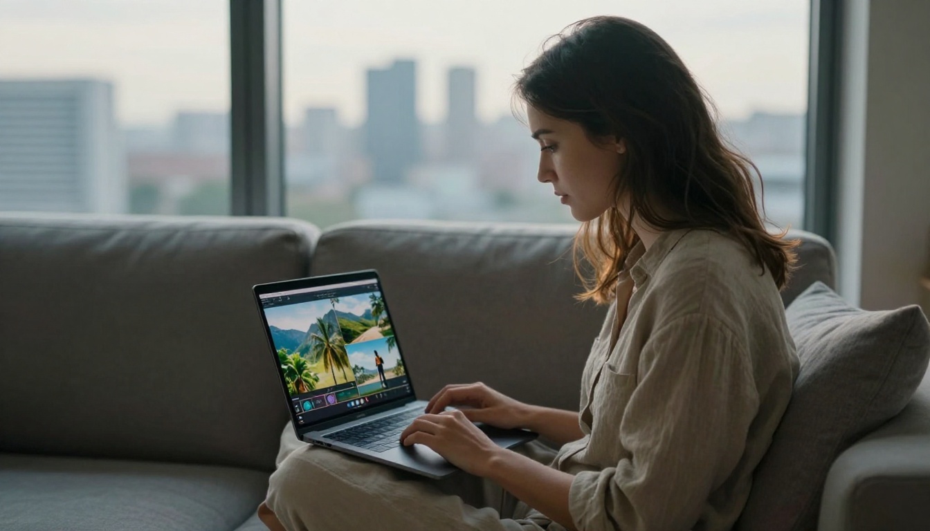A young woman editing split-screen video on a laptop by floor-to-ceiling windows, city skyline in bokeh background, photorealistic 8K