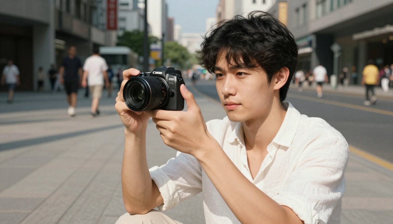Young male vlogger filming himself outdoors on a city street with a mirrorless camera Young male vlogger filming himself outdoors on a city street with a mirrorless camera