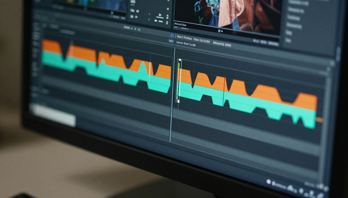A close-up of a computer monitor showing a professional video editing timeline with split-screen tracks, photorealistic 8K A close-up of a computer monitor showing a professional video editing timeline with split-screen tracks, photorealistic 8K