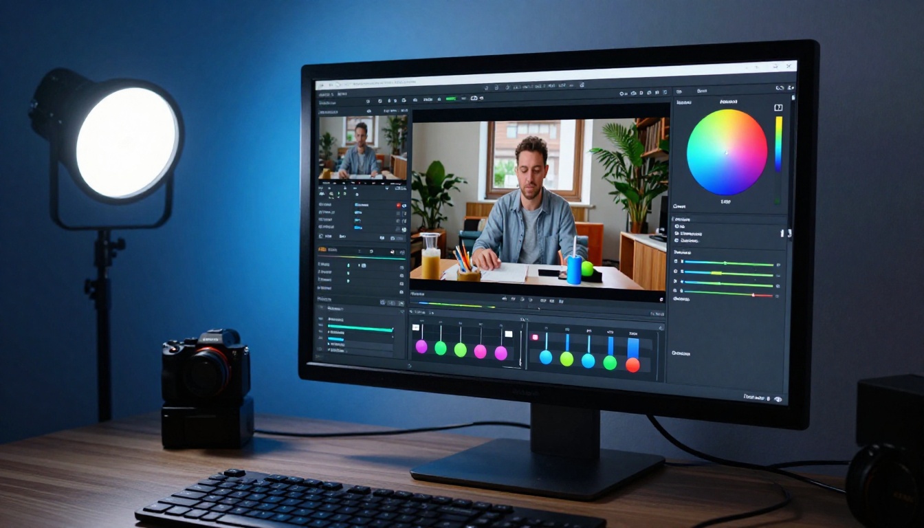 Large desktop monitor showing video color grading interface with before and after split view Large desktop monitor showing video color grading interface with before and after split view