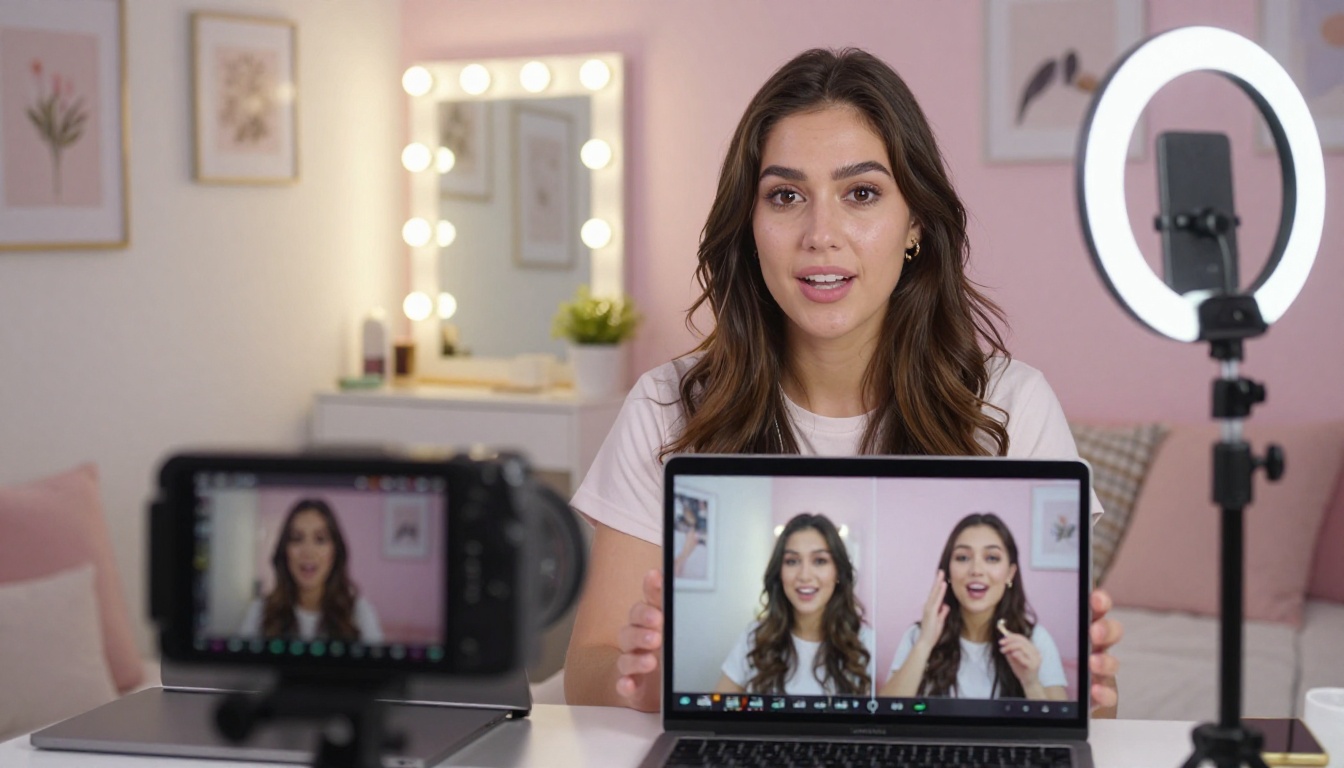 A social media influencer filming a reaction video with ring light and camera setup, pastel studio decor, photorealistic 8K A social media influencer filming a reaction video with ring light and camera setup, pastel studio decor, photorealistic 8K