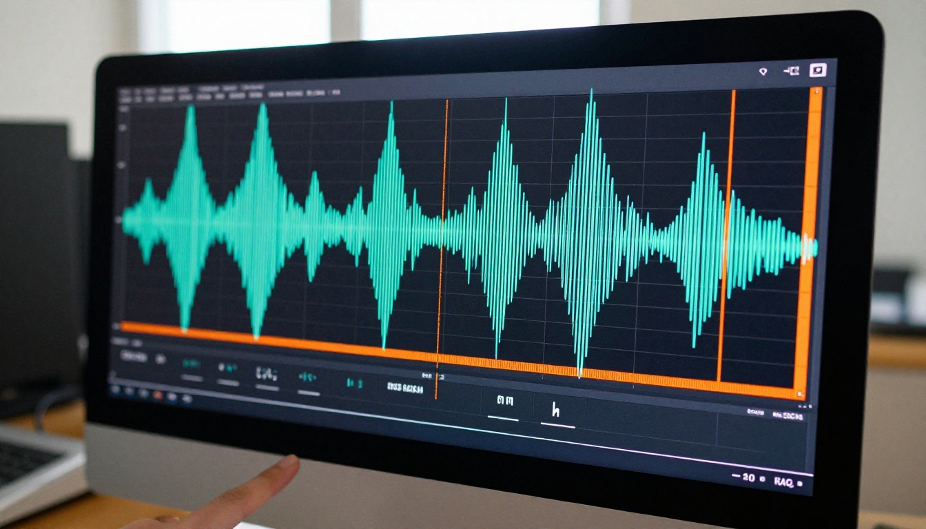 Close-up of computer monitor displaying AI-generated audio waveforms over a video timeline