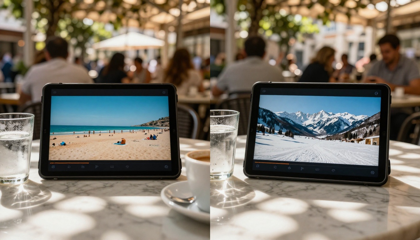A tablet showing split-screen video clips at a sunny outdoor café terrace with marble table and Mediterranean light, photorealistic 8K A tablet showing split-screen video clips at a sunny outdoor café terrace with marble table and Mediterranean light, photorealistic 8K