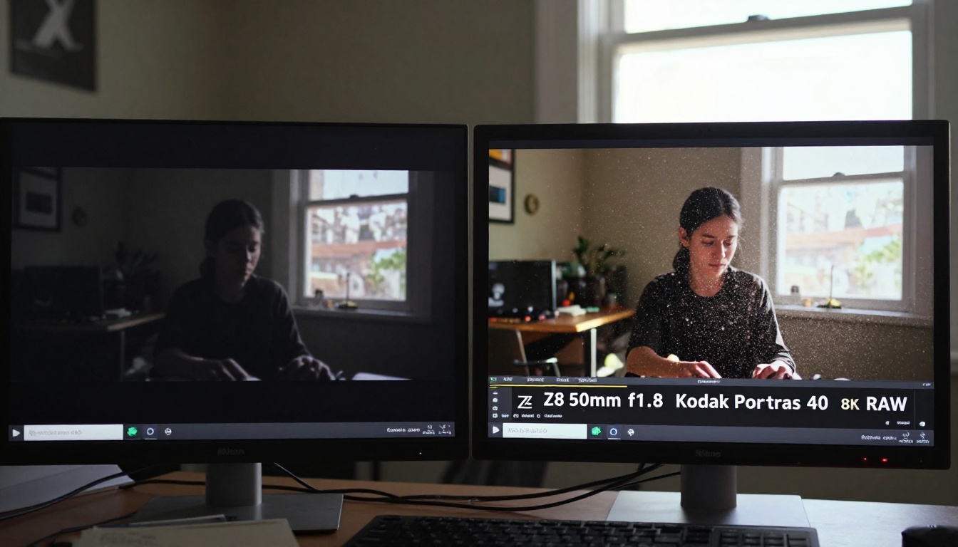 Widescreen monitor showing before and after vlog quality comparison side by side
