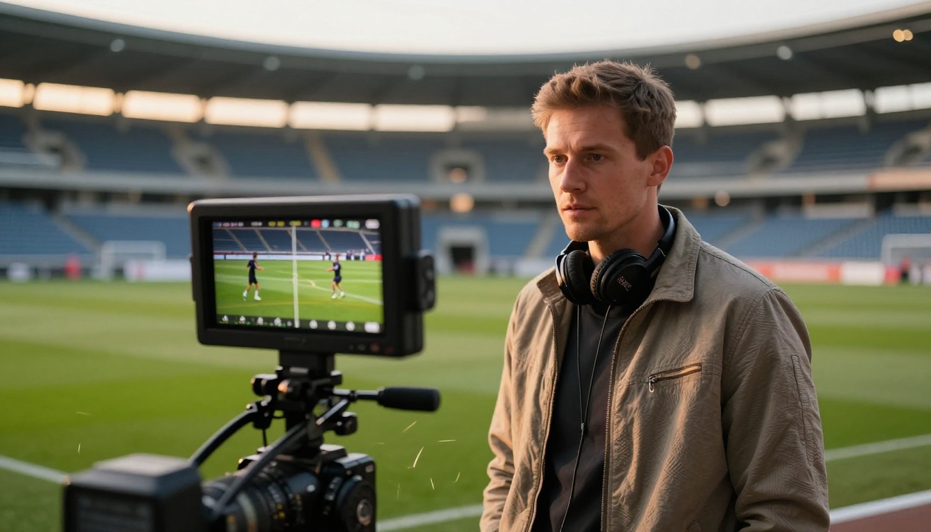 A sports videographer reviewing split-screen footage on a field monitor in a stadium at golden hour, photorealistic 8K A sports videographer reviewing split-screen footage on a field monitor in a stadium at golden hour, photorealistic 8K