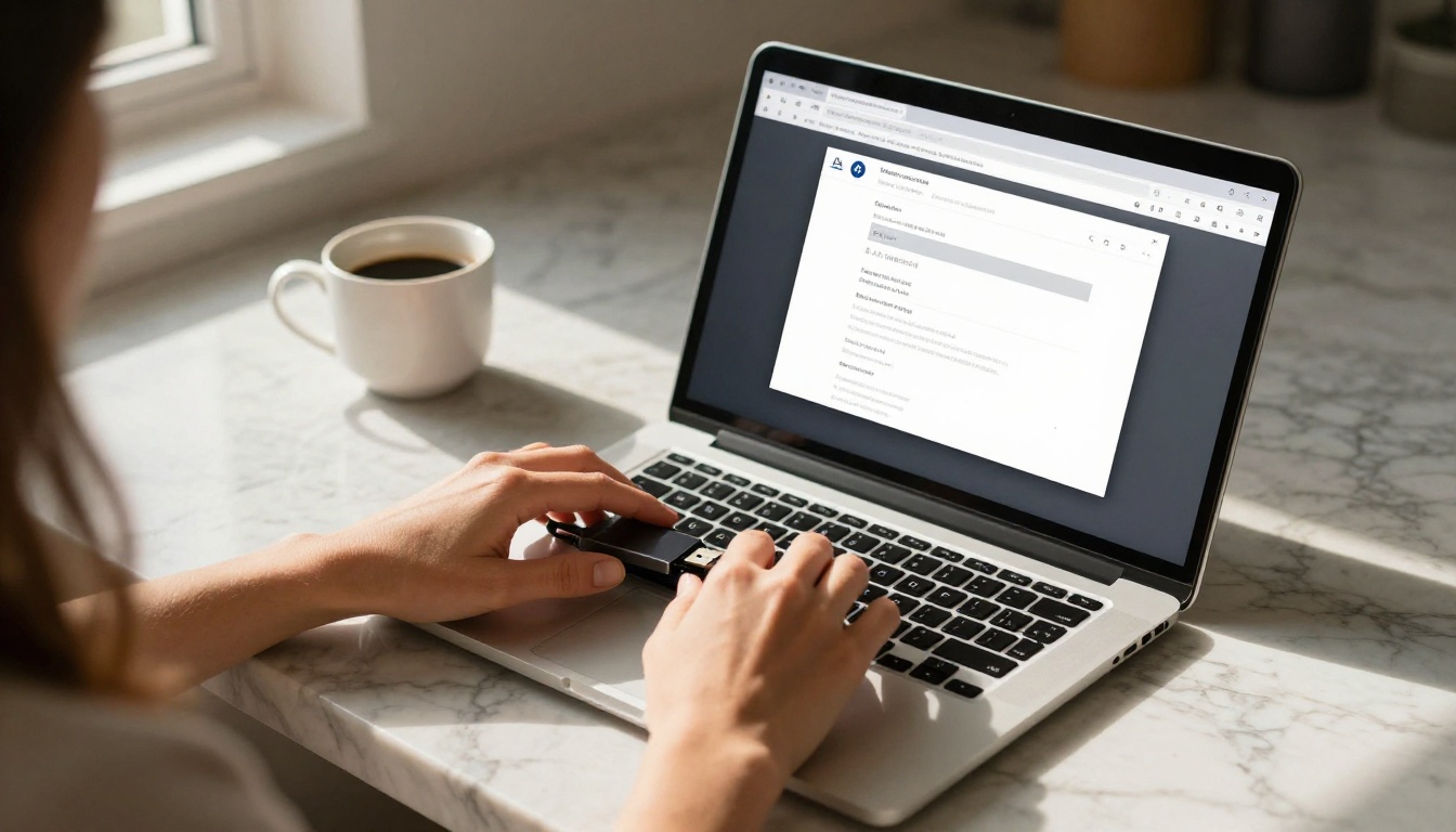 Woman's hands uploading video files from a USB drive to a laptop showing a browser file upload interface