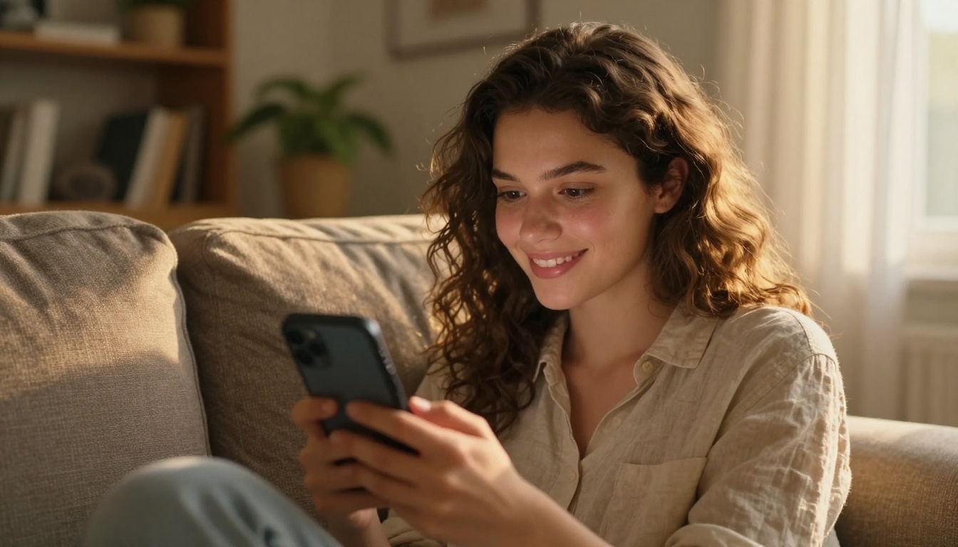 Young woman on a couch with a satisfied smile watching her finished polished vlog on her phone