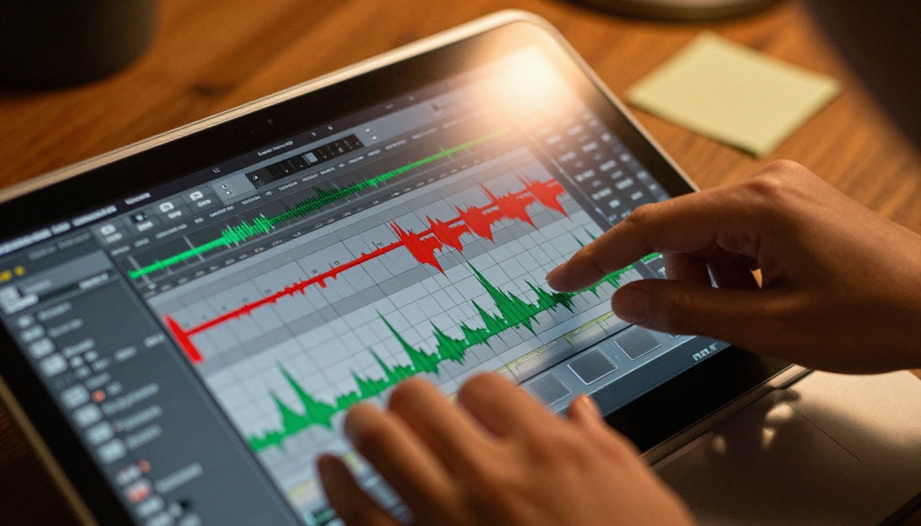 Audio waveform editor showing red-highlighted filler word segments on a laptop screen