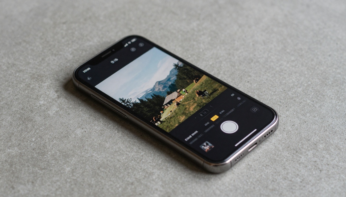 Smartphone showing 9:16 video crop frame overlay on landscape footage
