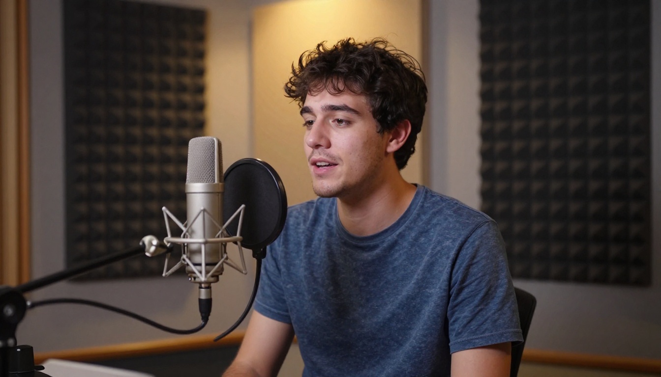 Young man recording a podcast in a treated home studio, speaking naturally into a condenser microphone