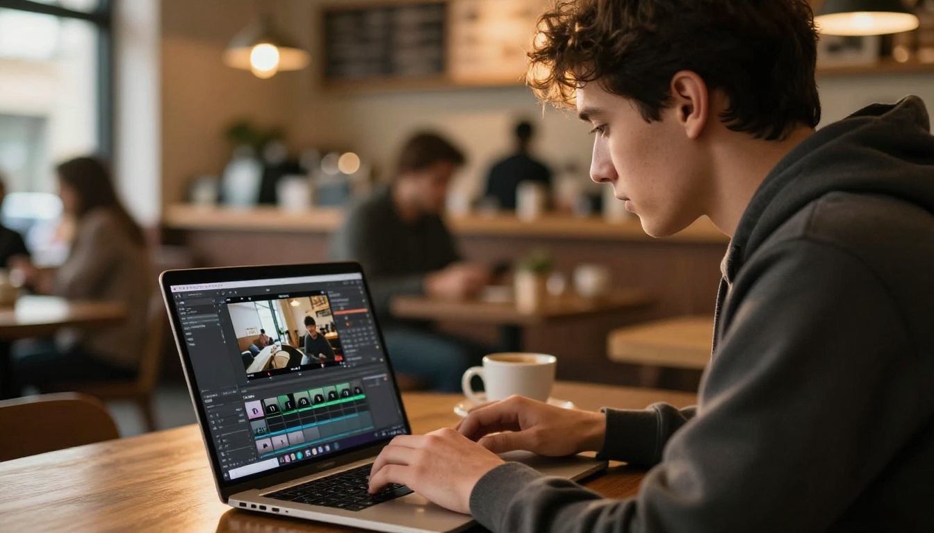 Man editing video on laptop at coffee shop with reframing software visible on screen