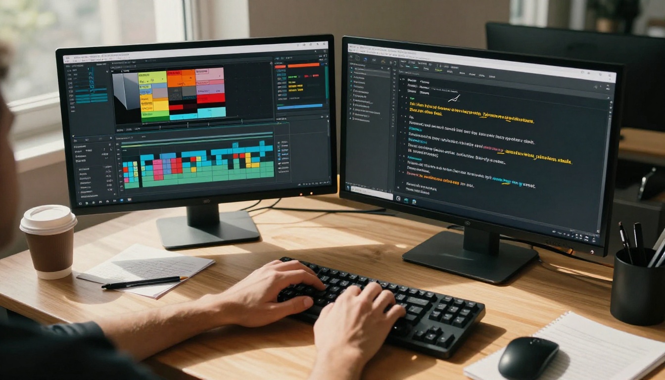 Aerial overhead view of a dual monitor desk setup showing video timeline and editable transcript side by side