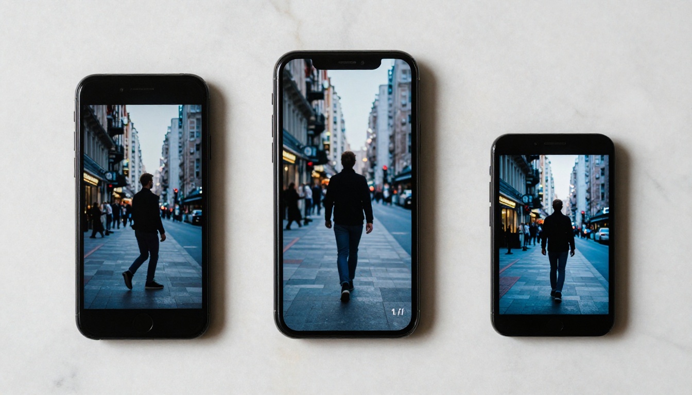Three smartphones on marble surface each showing the same video in a different aspect ratio