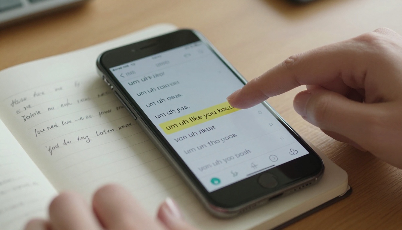 Close-up of a phone displaying a transcription app with filler words highlighted in yellow, resting on a notebook