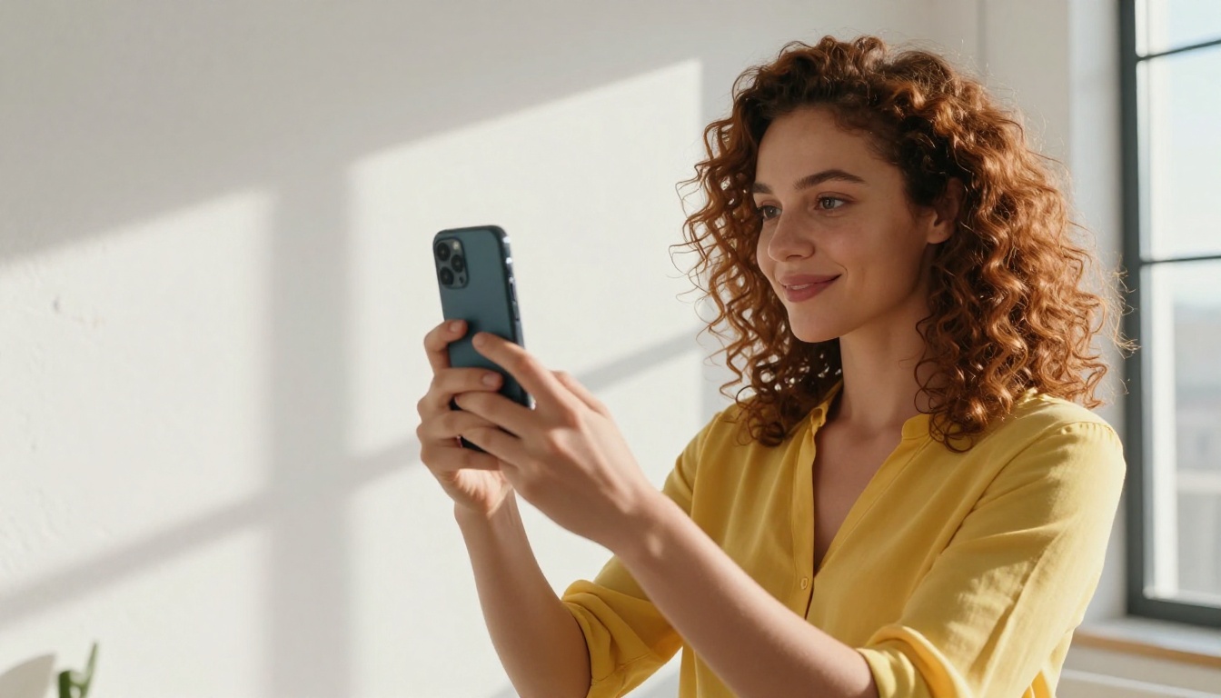 Woman in yellow blouse recording herself vertically on a smartphone