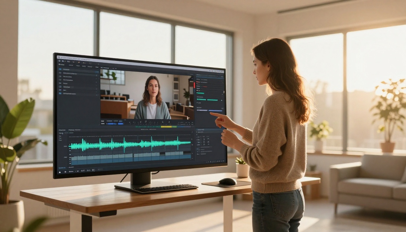 Woman editing a YouTube video at a standing desk with warm afternoon light streaming from large windows