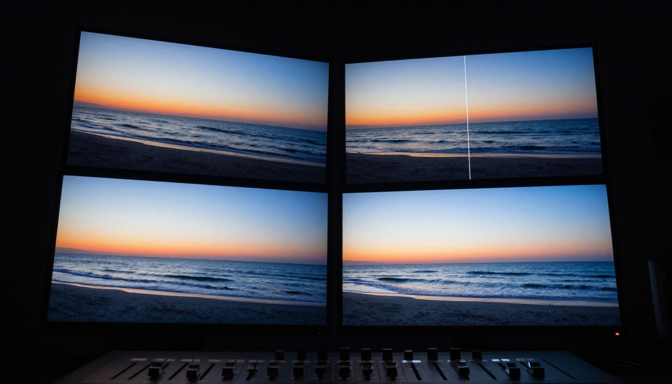 Two large studio monitors showing the same sunset footage in 16:9 and 9:16 formats