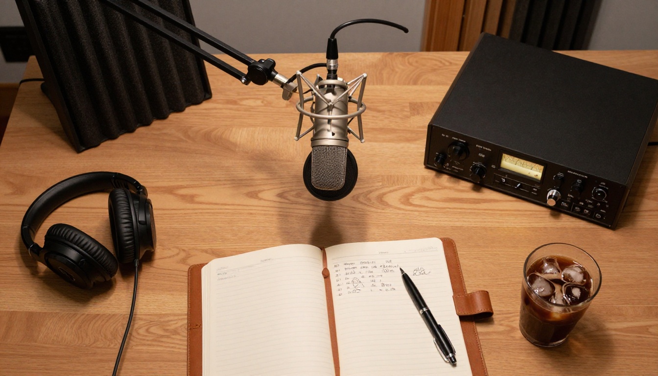 Aerial flat-lay of a podcast recording desk with condenser microphone, audio interface, headphones, and notebook