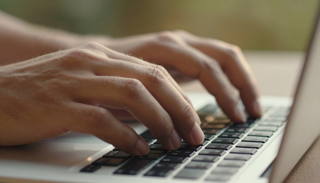 Close-up of hands in motion typing on laptop keyboard with warm bokeh background