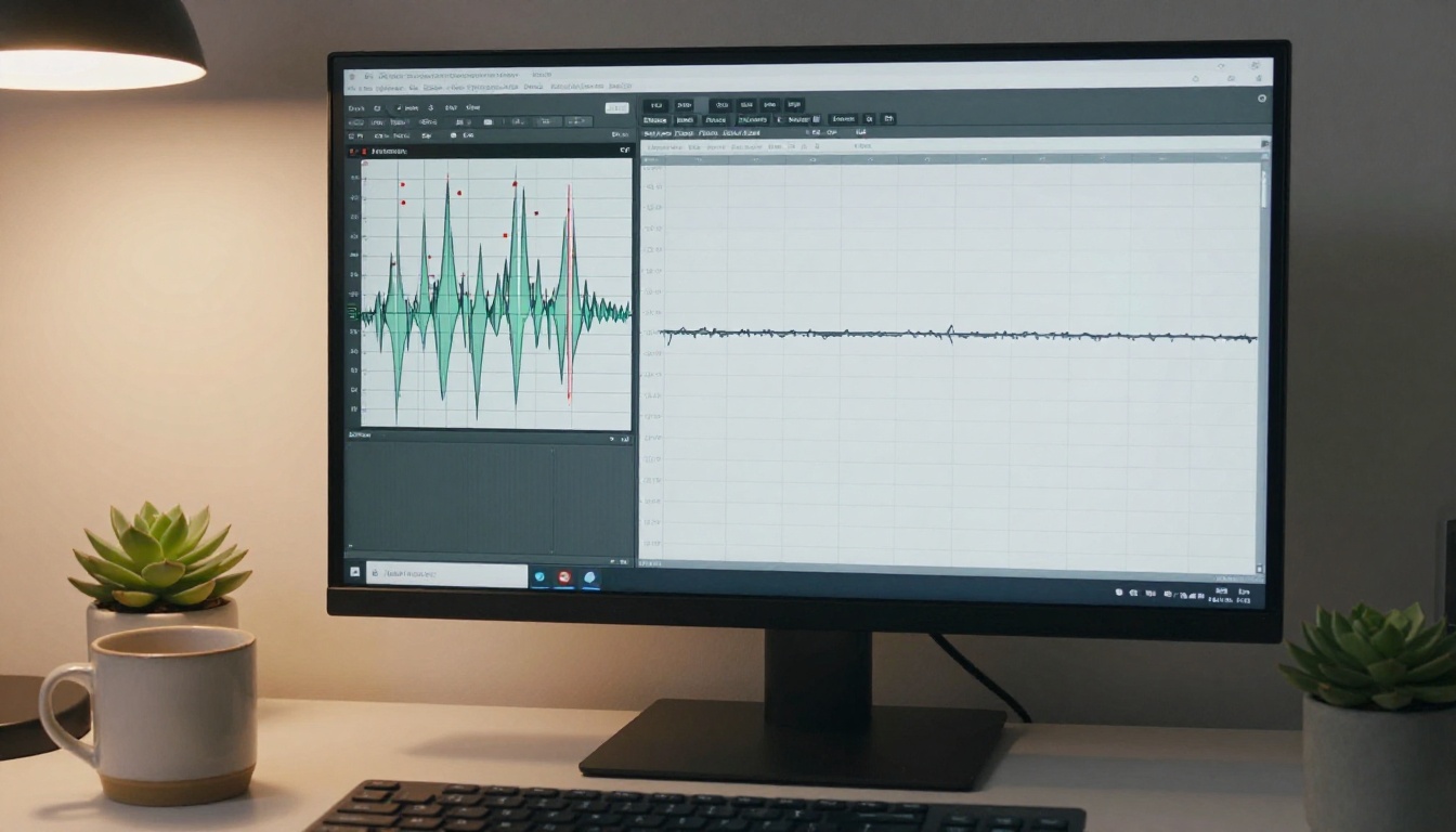 Monitor showing split-screen comparison of a messy audio waveform versus a clean smooth waveform