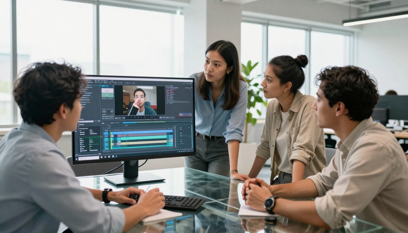 Three young professionals reviewing a video editing transcript together on a monitor in a modern open office