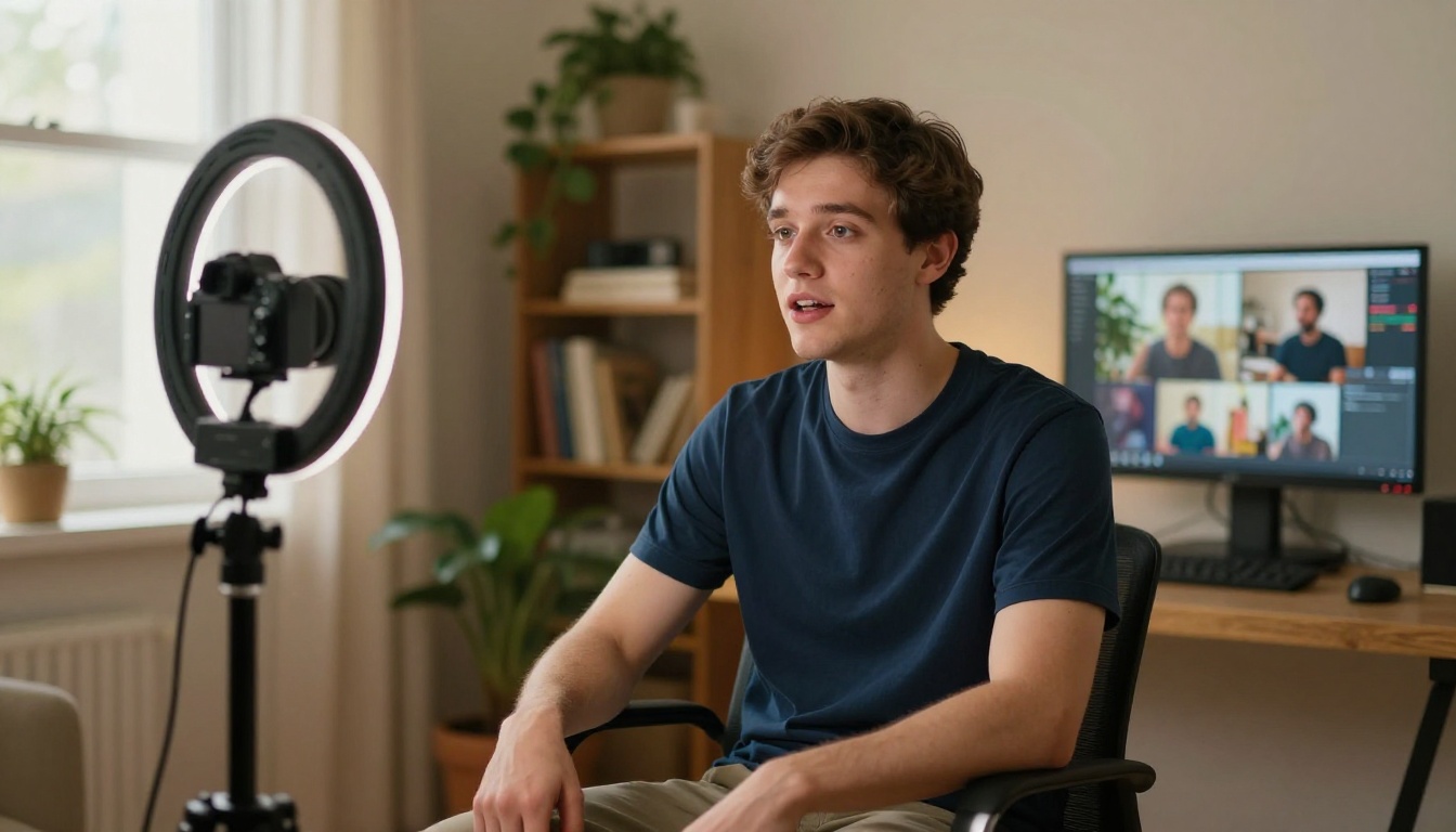 Content creator in a home studio with AI-generated B-roll clips visible on a secondary monitor