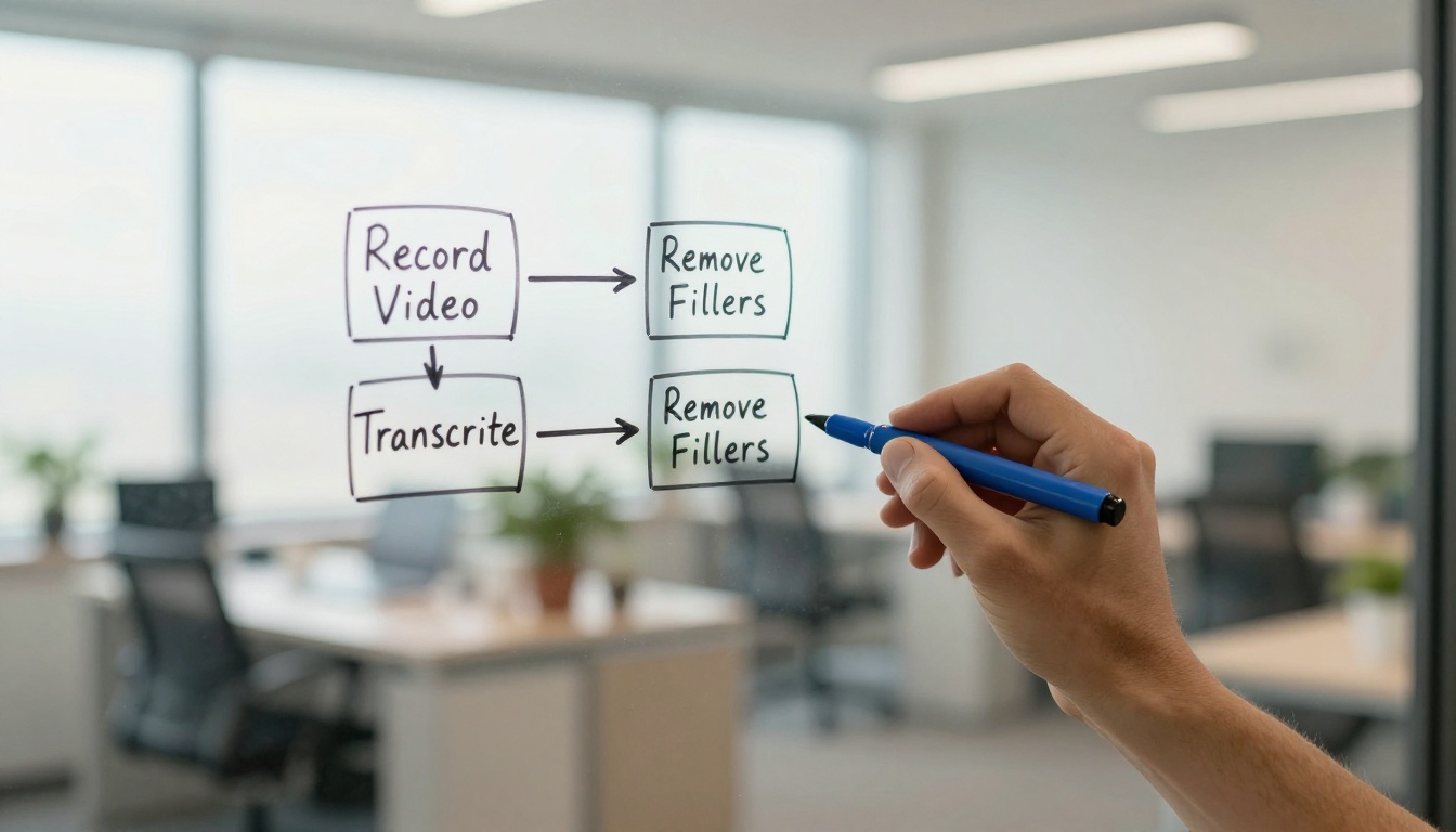 Hand writing a simple four-step flowchart on a glass whiteboard showing the filler removal process