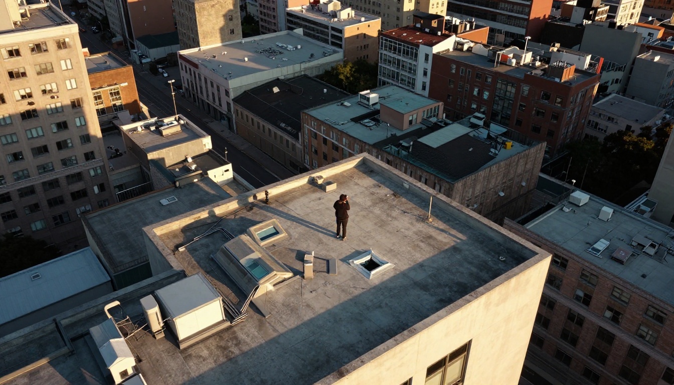 Aerial overhead view of person standing on rooftop with camera looking down at city
