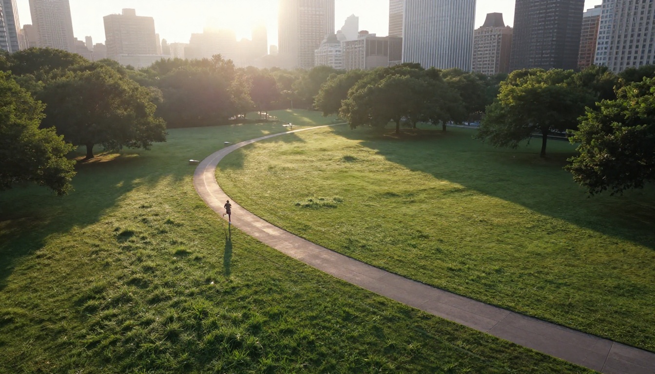 Aerial view of a lush city park at sunrise representing cinematic AI-generated B-roll