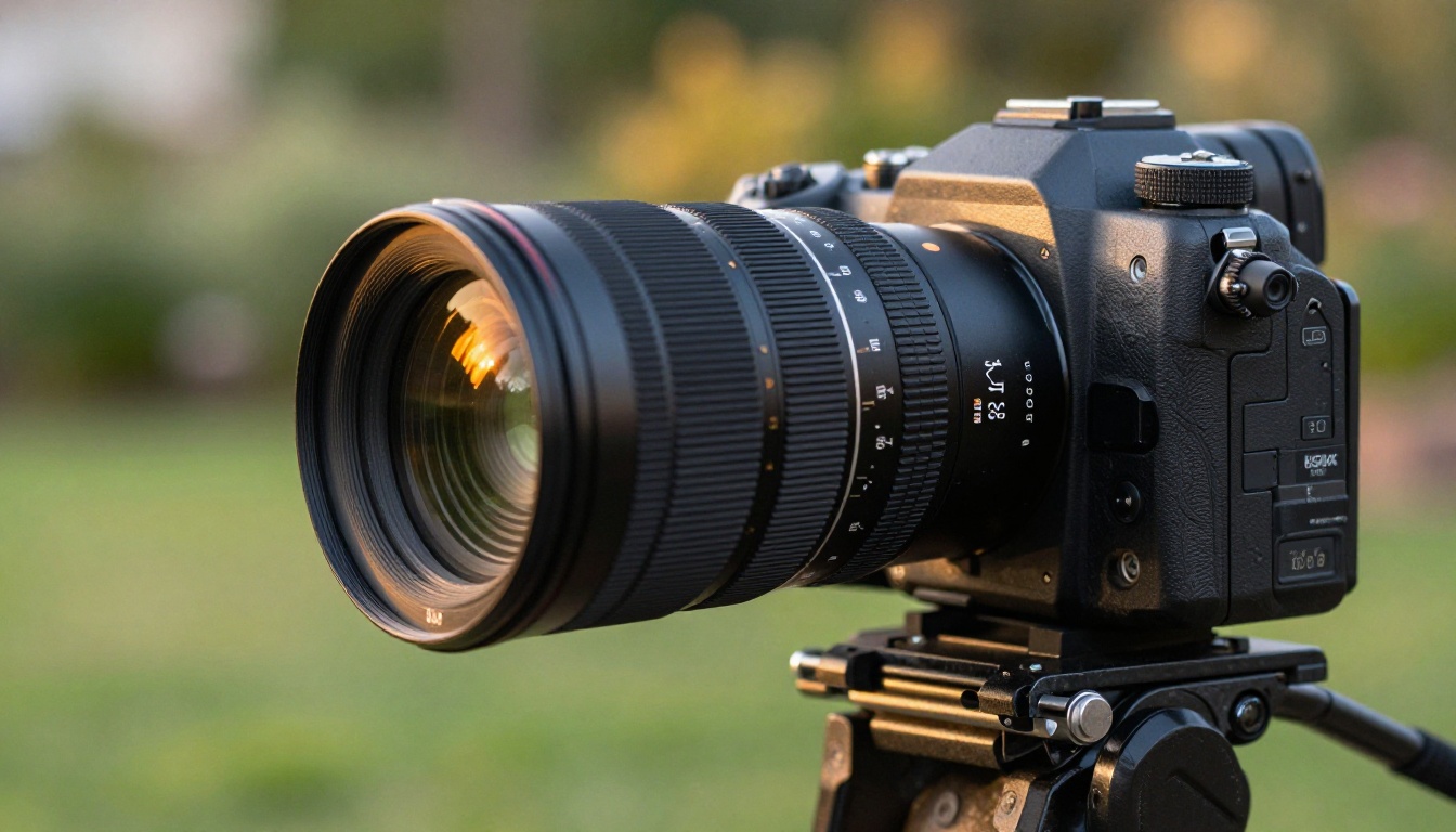 Close-up side view of professional cinema camera on tripod with green bokeh background