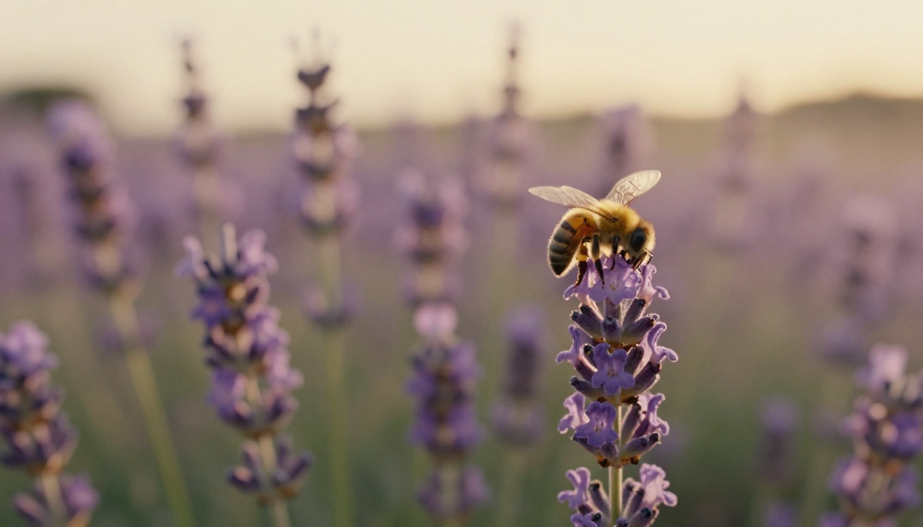Close-up of wild lavender flowers with a bee, classic cinematic nature B-roll shot