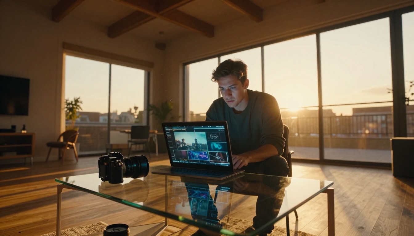 Low-angle filmmaker reviewing raw footage on a laptop in a loft