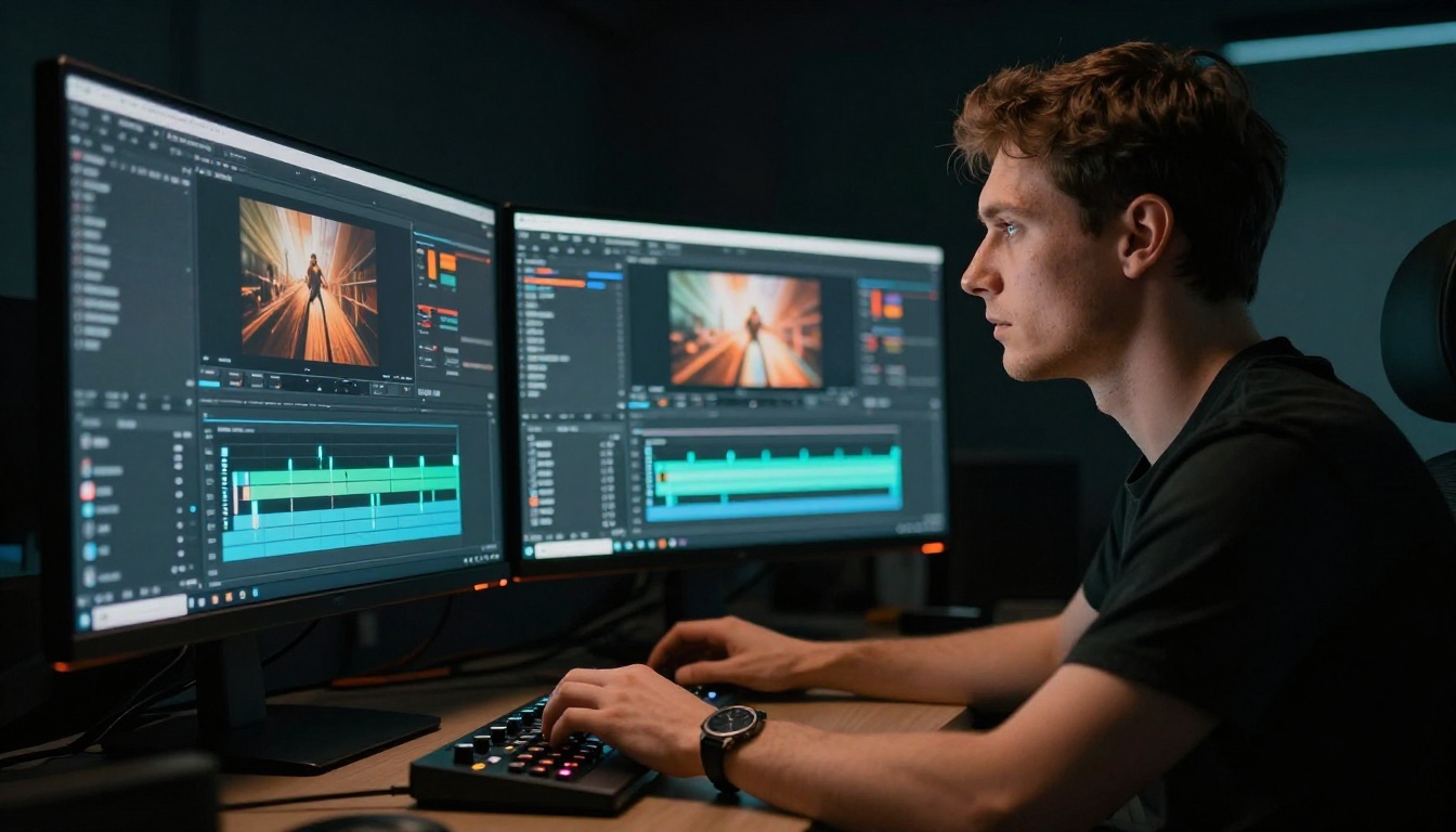 Side profile of a focused editor staring at dual monitors in cinematic lighting