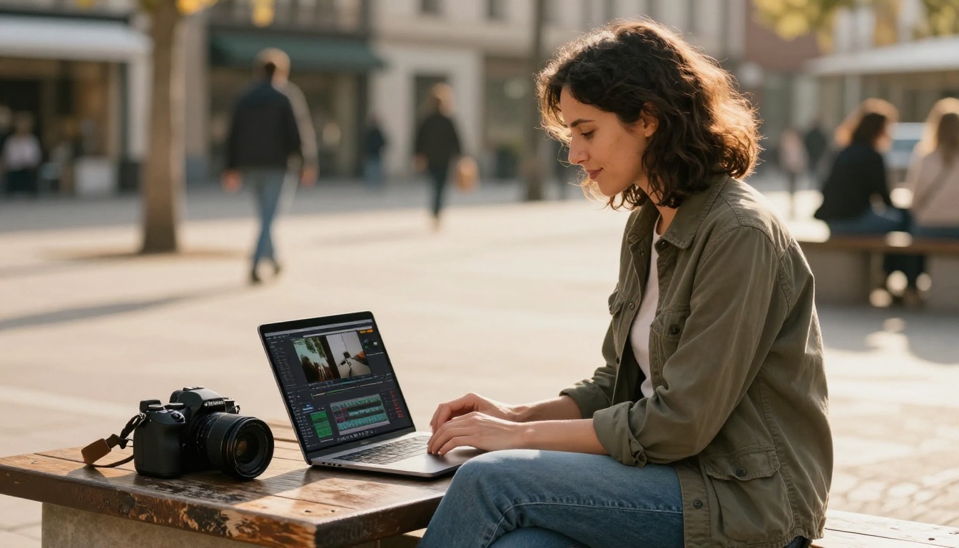 Filmmaker reviewing B-roll footage on laptop in an outdoor city plaza