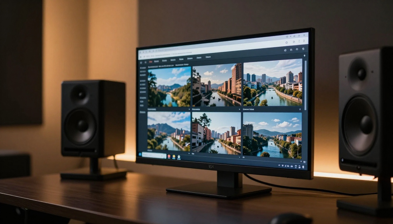 AI text-to-video interface showing generated B-roll thumbnails on a studio monitor