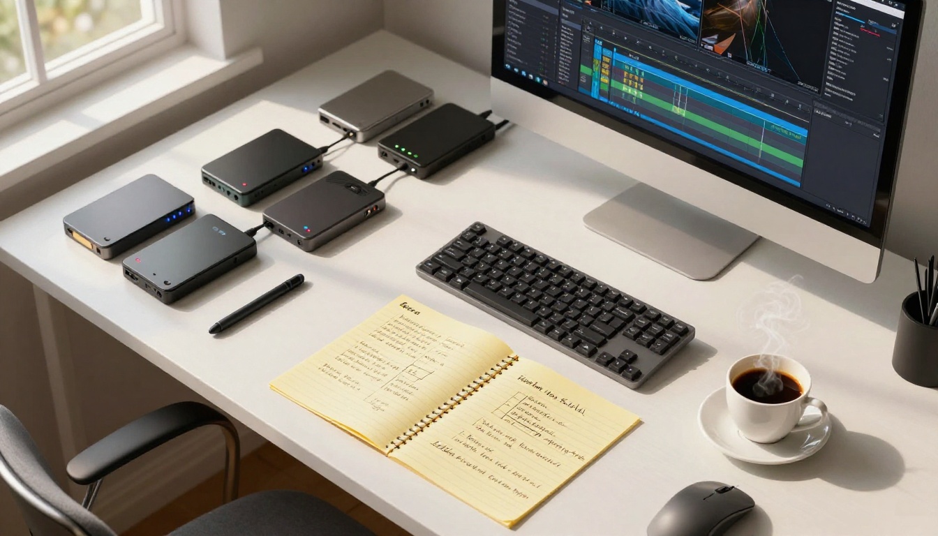 Aerial flat-lay top-down view of a complete video editing workstation