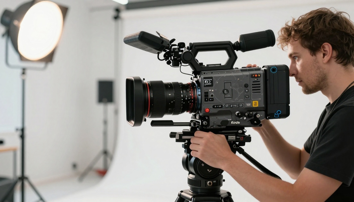 Professional camera operator setting up a cinema camera in a bright studio