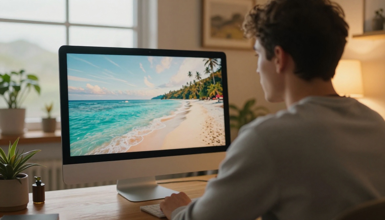 Young man watching a polished video with B-roll on a monitor in a warm home office Young man watching a polished video with B-roll on a monitor in a warm home office