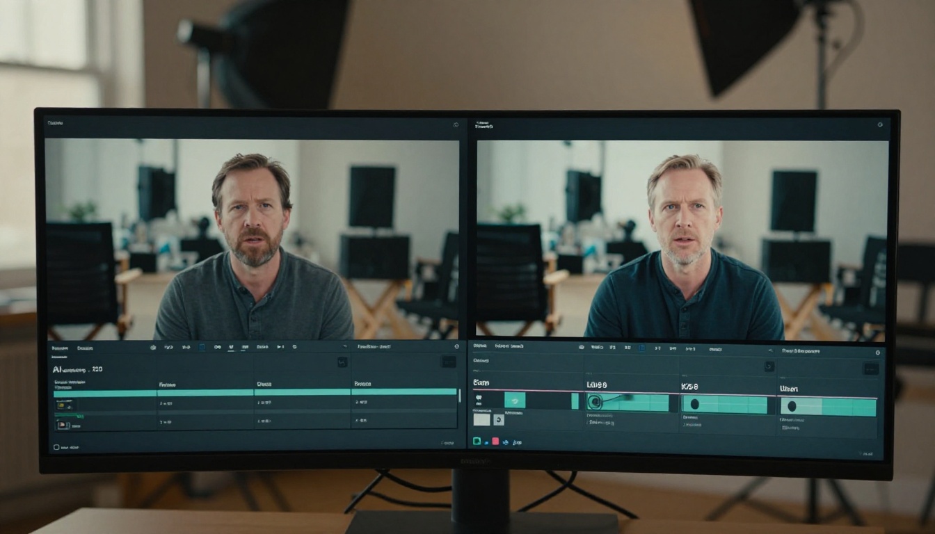 Before and after video frame comparison on a production studio monitor