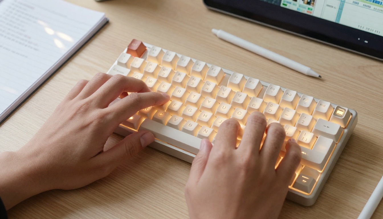Editor's hands typing B-roll prompts on a mechanical keyboard at a wooden desk Editor's hands typing B-roll prompts on a mechanical keyboard at a wooden desk