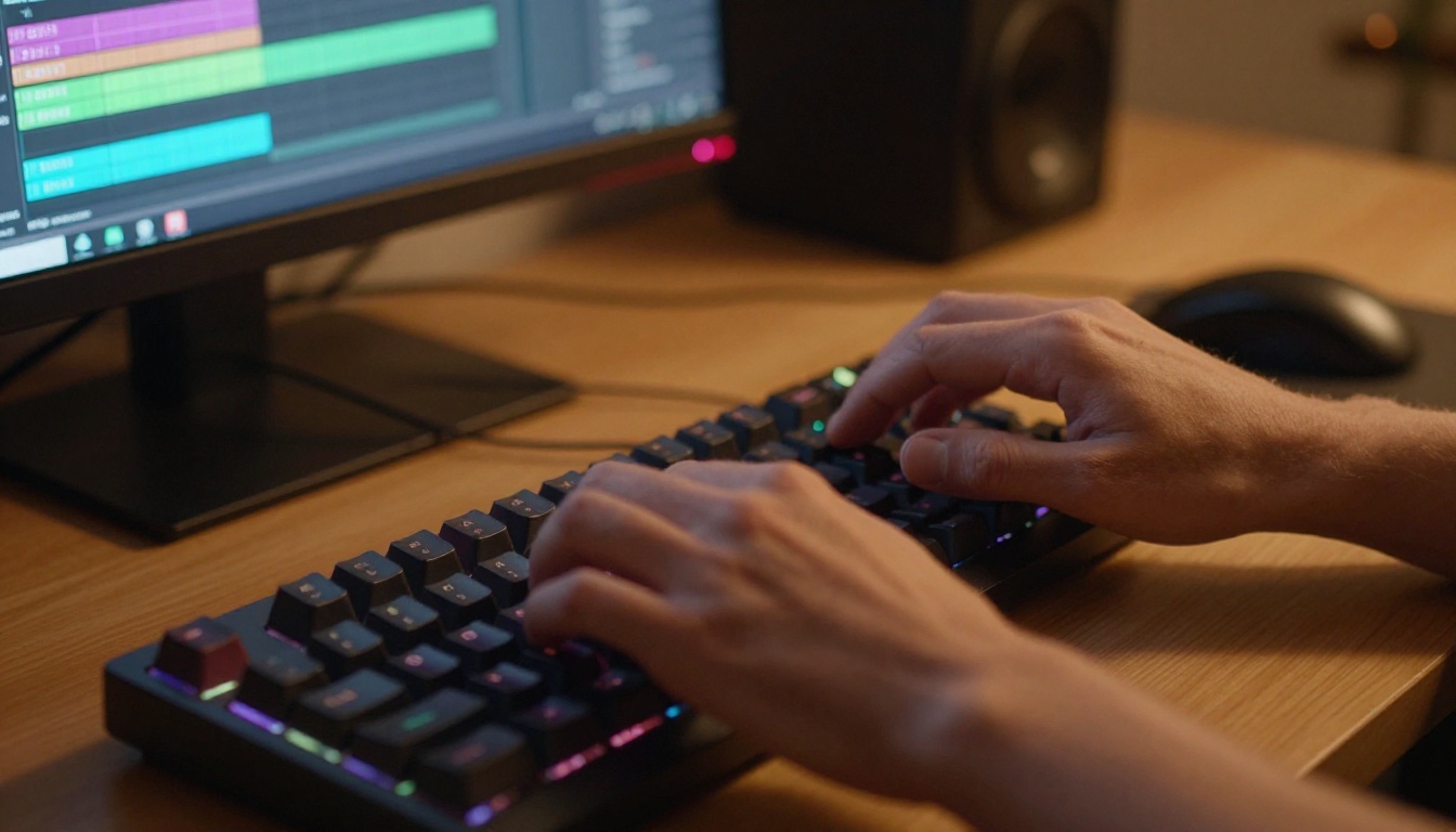 Hands typing rapidly on a mechanical keyboard at a video editing station