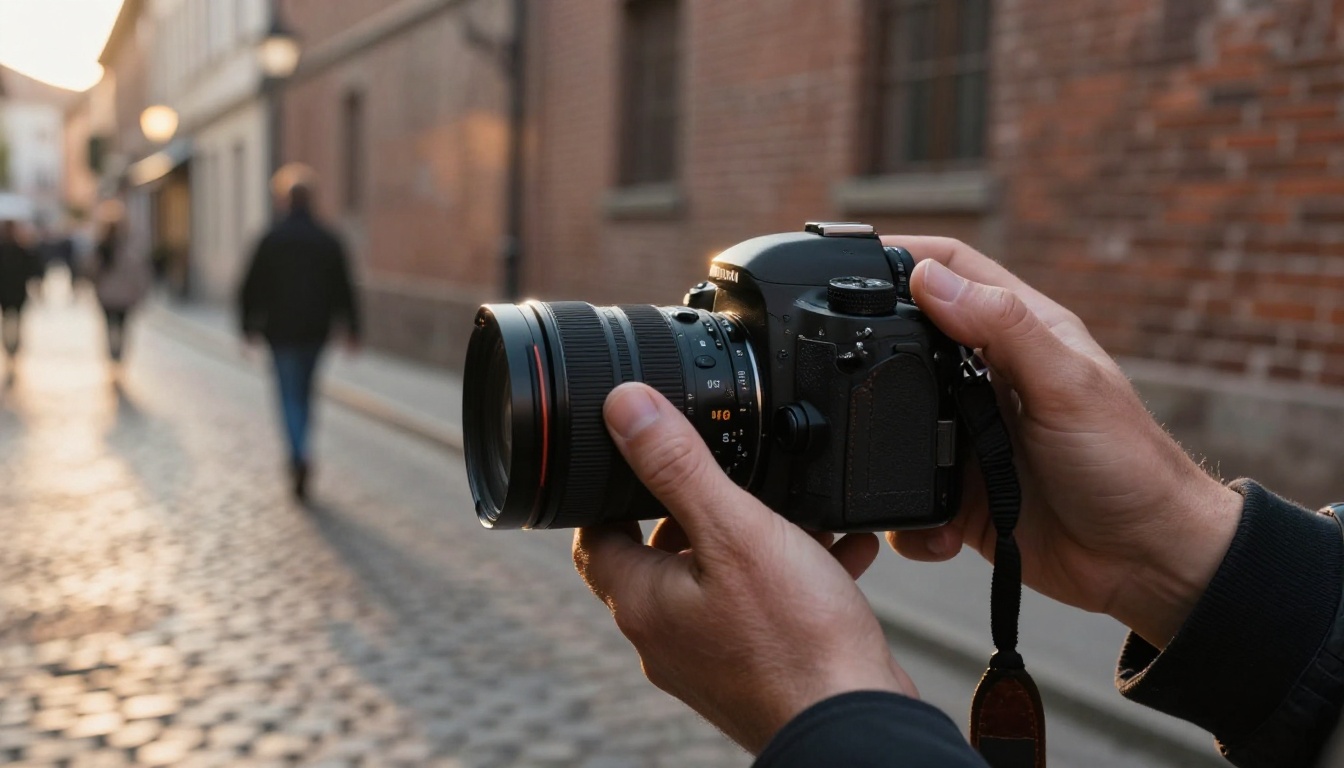 Filmmaker running with camera through cobblestone street, motion blur on background