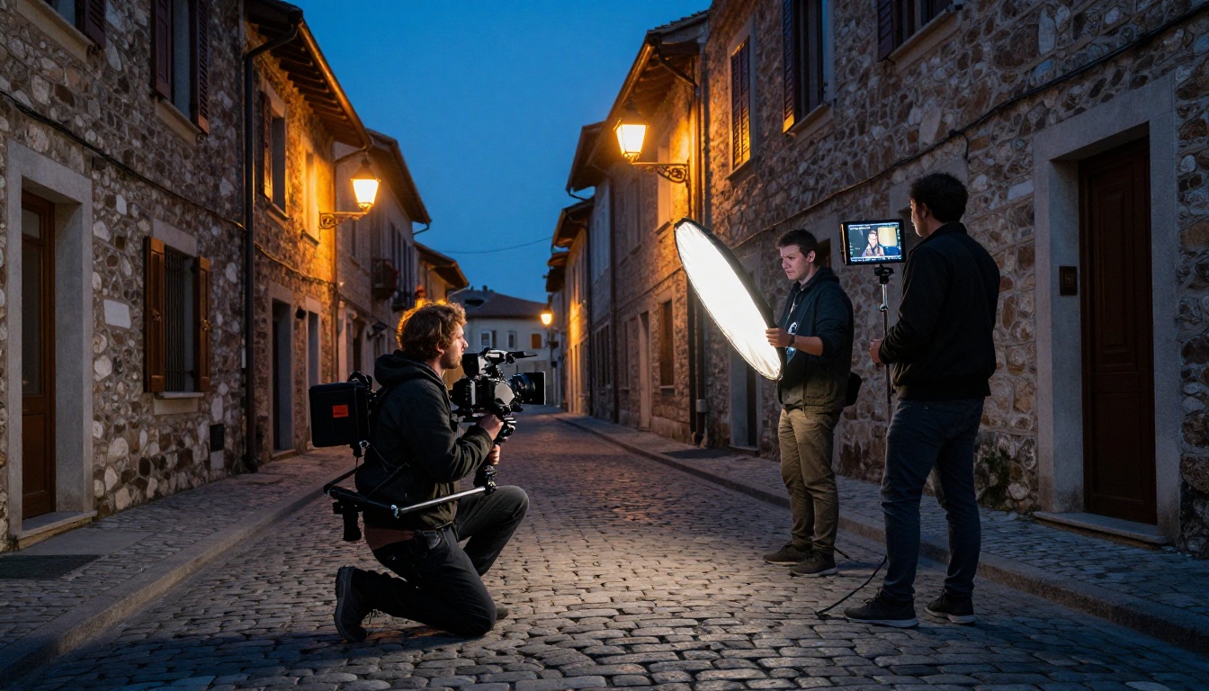 Documentary film crew on a cobblestone European street at blue hour Documentary film crew on a cobblestone European street at blue hour