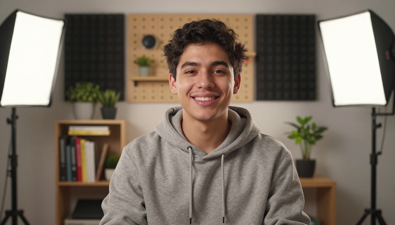 A content creator sitting confidently in a home studio ready to record