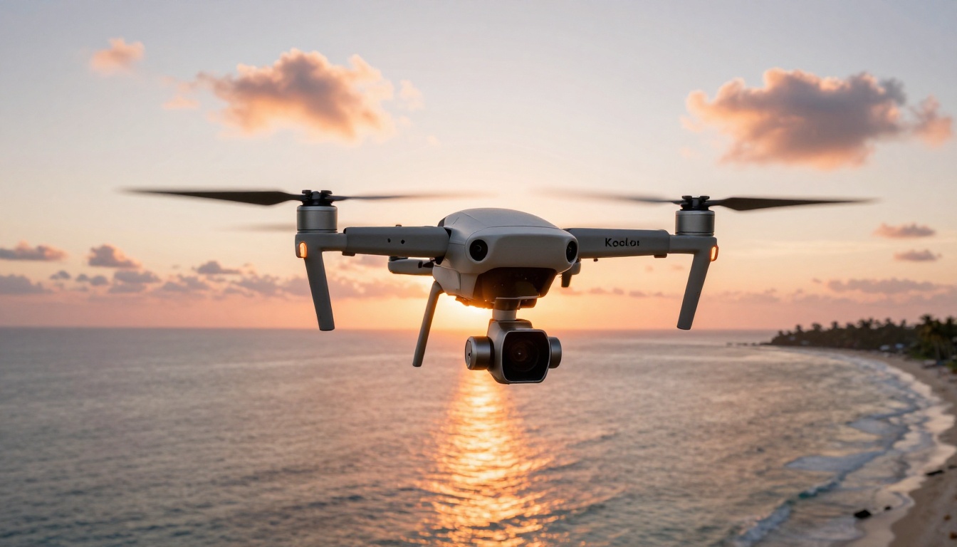 Drone hovering over tropical beach at golden hour aerial perspective