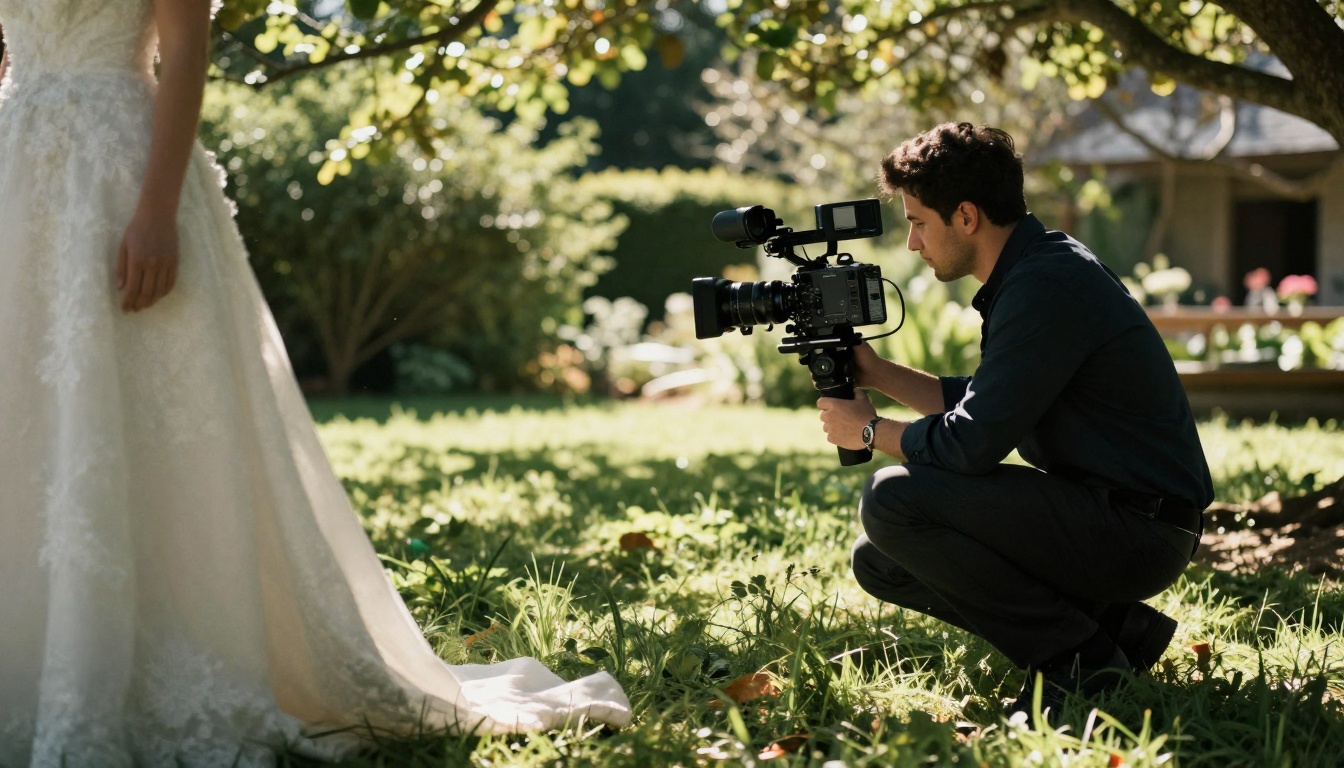 Wedding videographer crouching at ground level capturing ceremony in garden